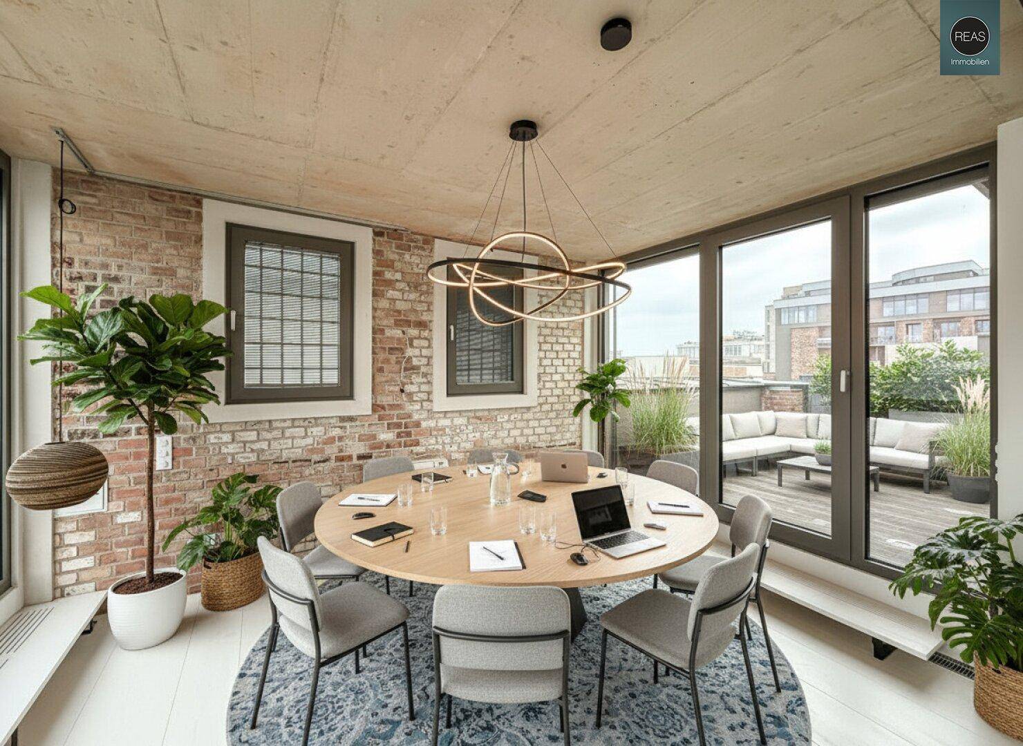 Heller Konferenzraum mit rundem Holztisch, Pflanzen und Blick auf die begrünte Dachterrasse.