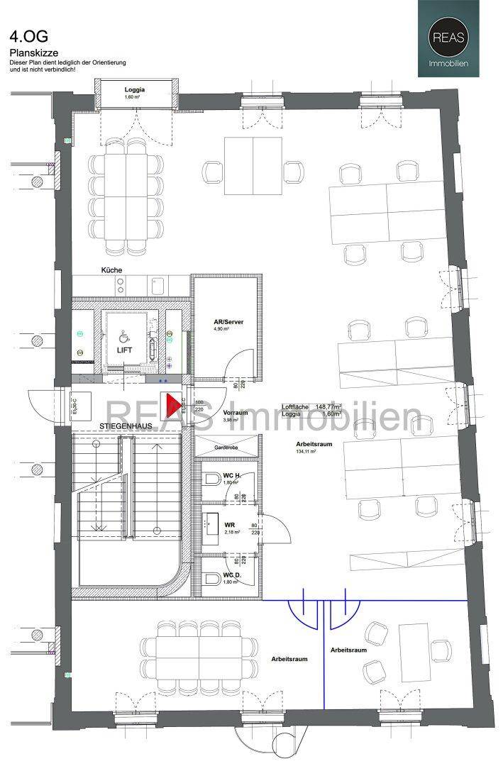 Grundriss des 4. Obergeschosses mit Büroräumen, Küche, Toiletten und Loggia.
