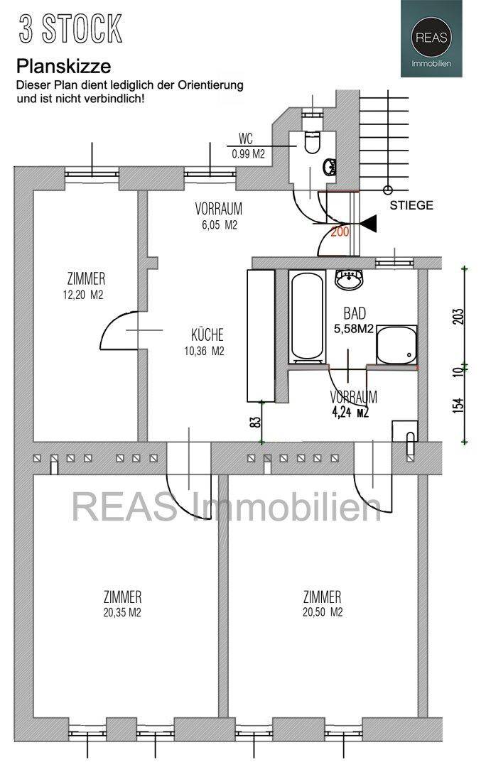 Grundriss einer Wohnung im 3. Stock mit drei Zimmern, Küche, Bad und separatem WC.