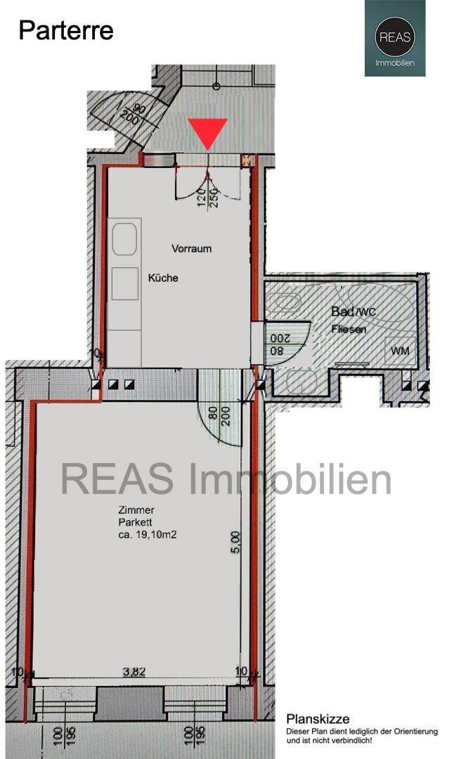 Grundriss des Erdgeschosses mit Küche, Zimmer, Bad und Vorraum, Gesamtfläche ca. 19,10m².