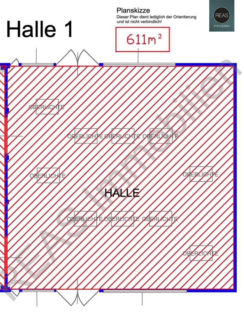 Grundriss der Halle 1 mit einer Fläche von 611m² und Oberlichtern.