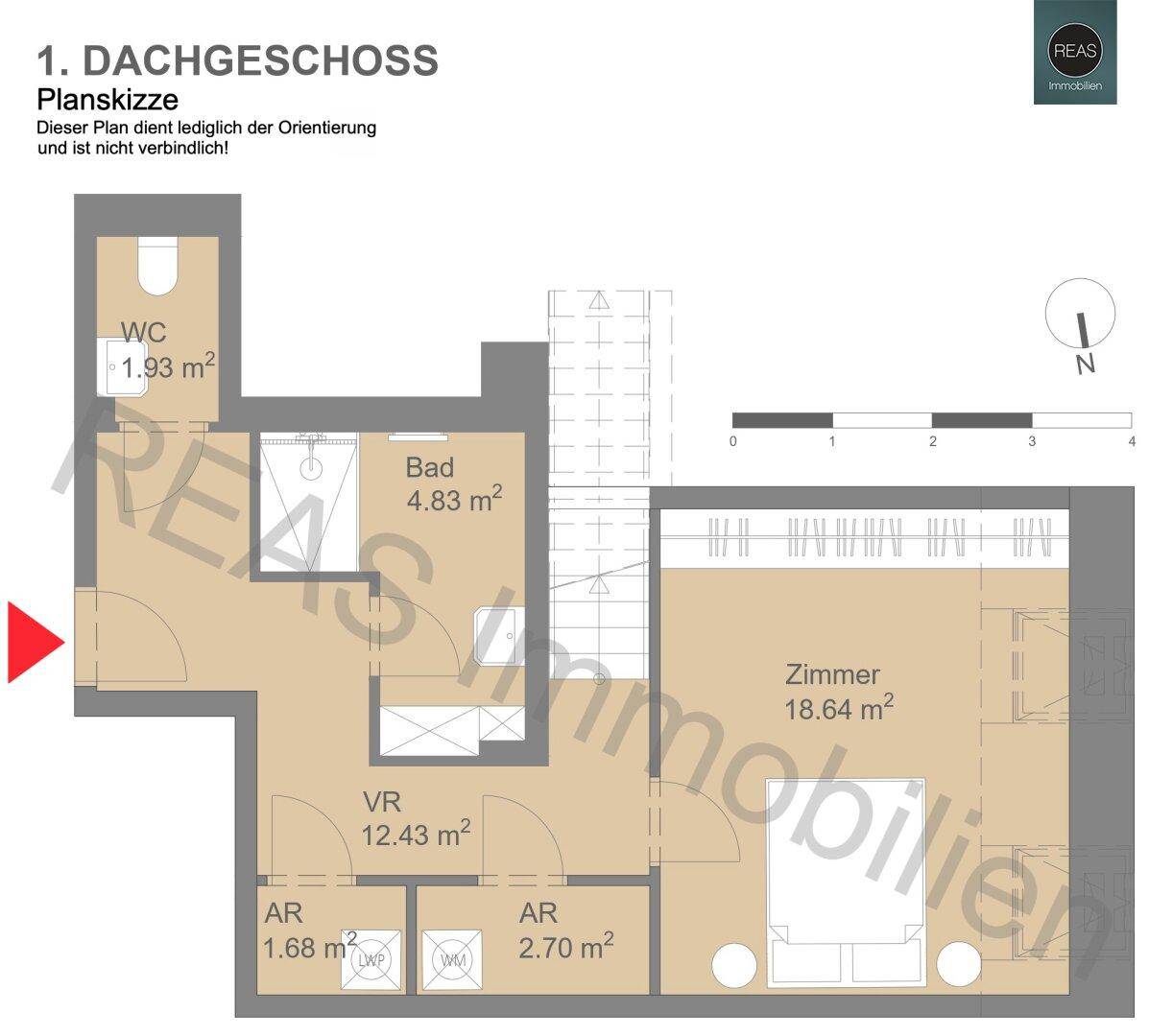 Grundriss des ersten Dachgeschosses mit Bad, WC, Zimmer und praktischen Abstellräumen.