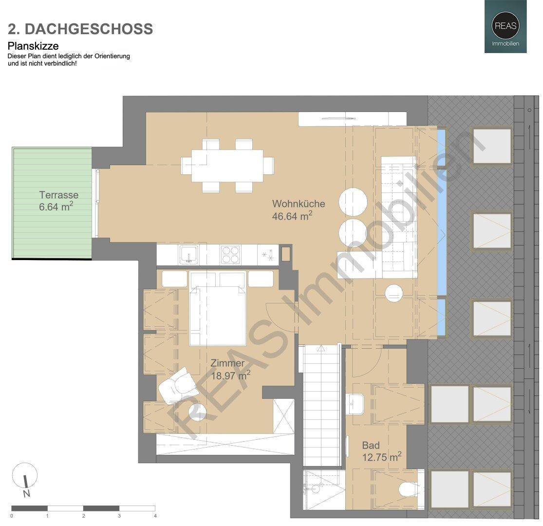 Grundriss des zweiten Dachgeschosses mit großer Wohnküche, Schlafzimmer, Bad und einer Terrasse.