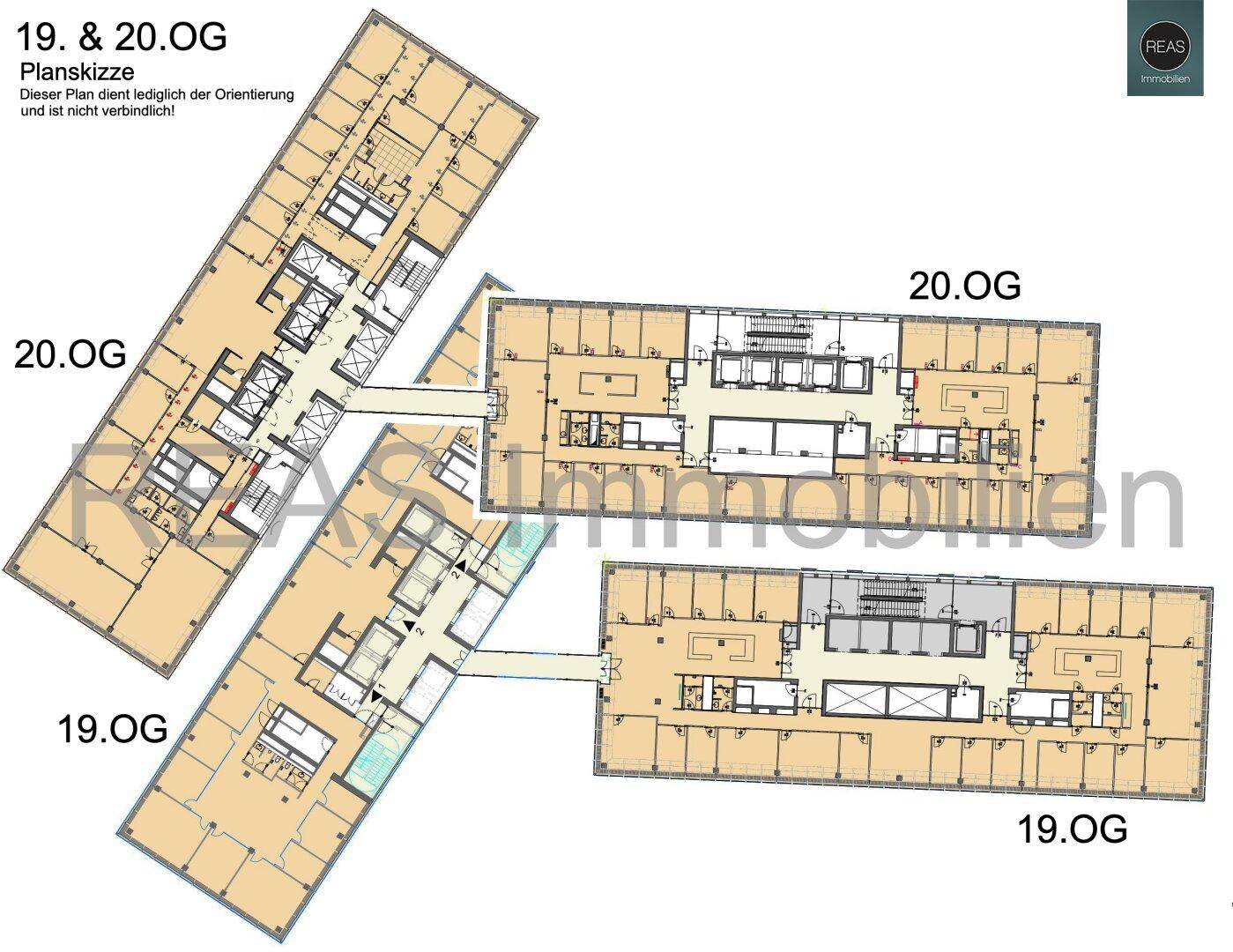 Grundriss-Skizze der 19. und 20. Etage, zeigt die Aufteilung der Büroflächen.