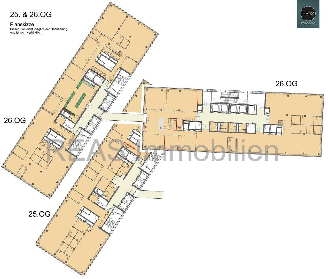 Grundriss-Skizze für die 25. und 26. Etage eines Bürogebäudes mit verschiedenen Layout-Optionen.