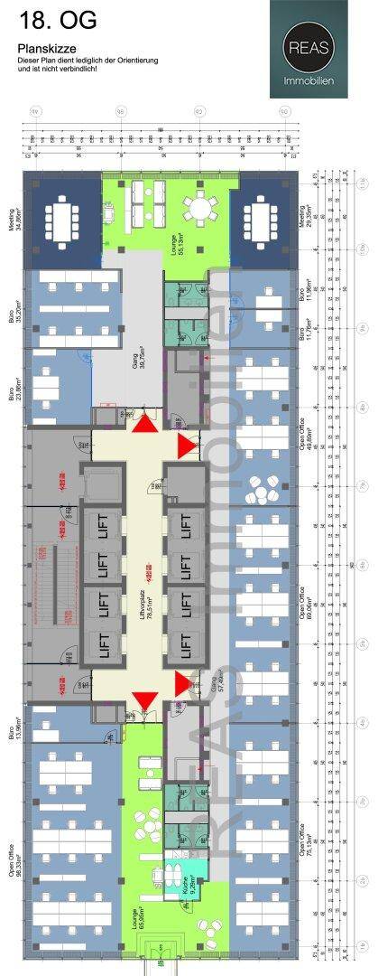 Detaillierter Grundriss des 18. Obergeschosses mit Büroräumen, Aufzügen und Besprechungsbereichen.