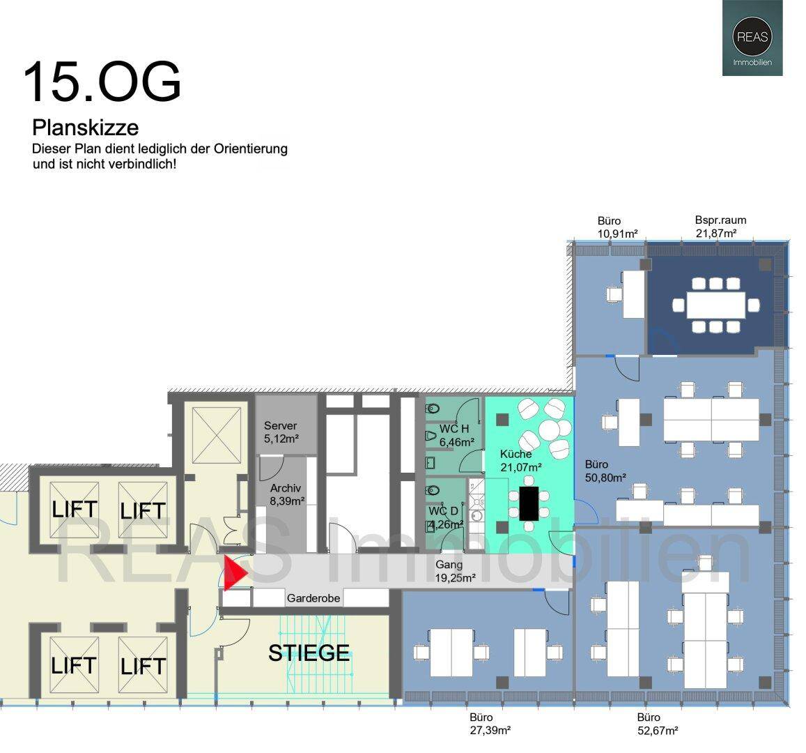 Grundriss des 15. Obergeschosses mit Büros, Besprechungsräumen, Küche und Sanitäranlagen.