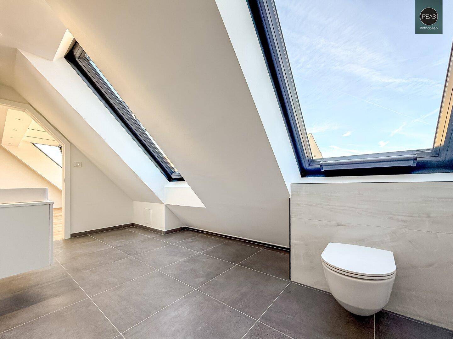 Separates WC mit wandhängender Toilette und Dachfenster in modern gefliestem Raum.