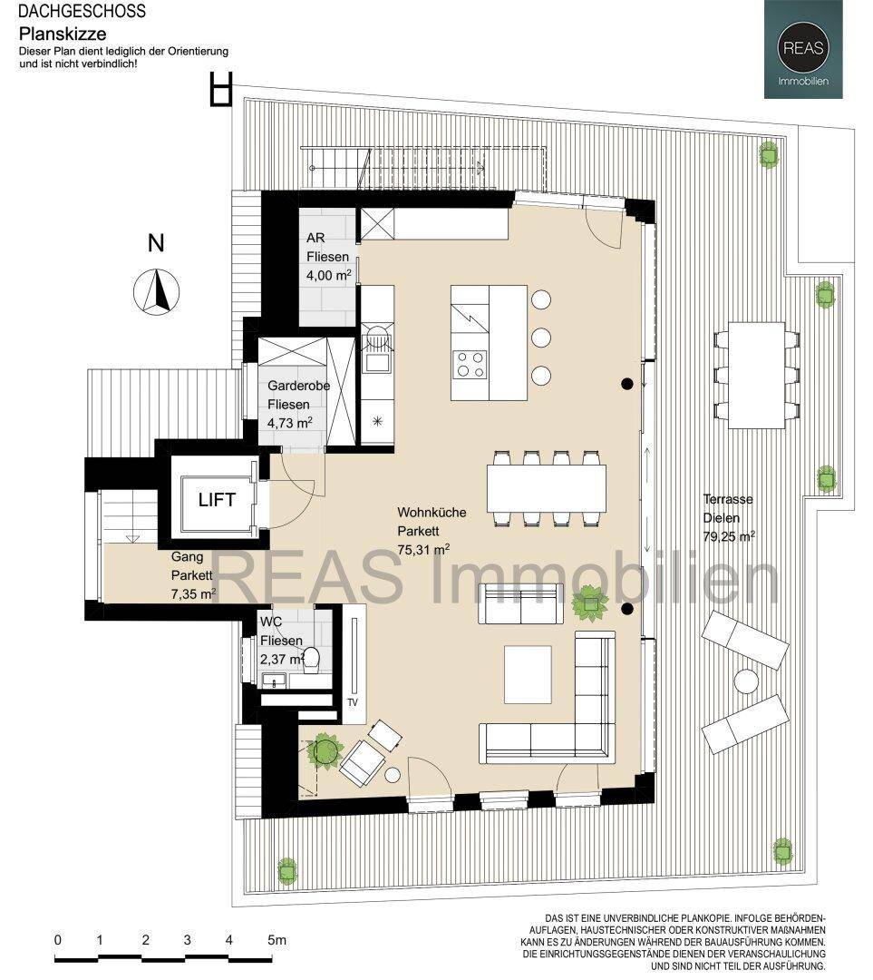 Grundriss des Dachgeschosses mit offener Wohnküche, WC und weitläufiger Dachterrasse.