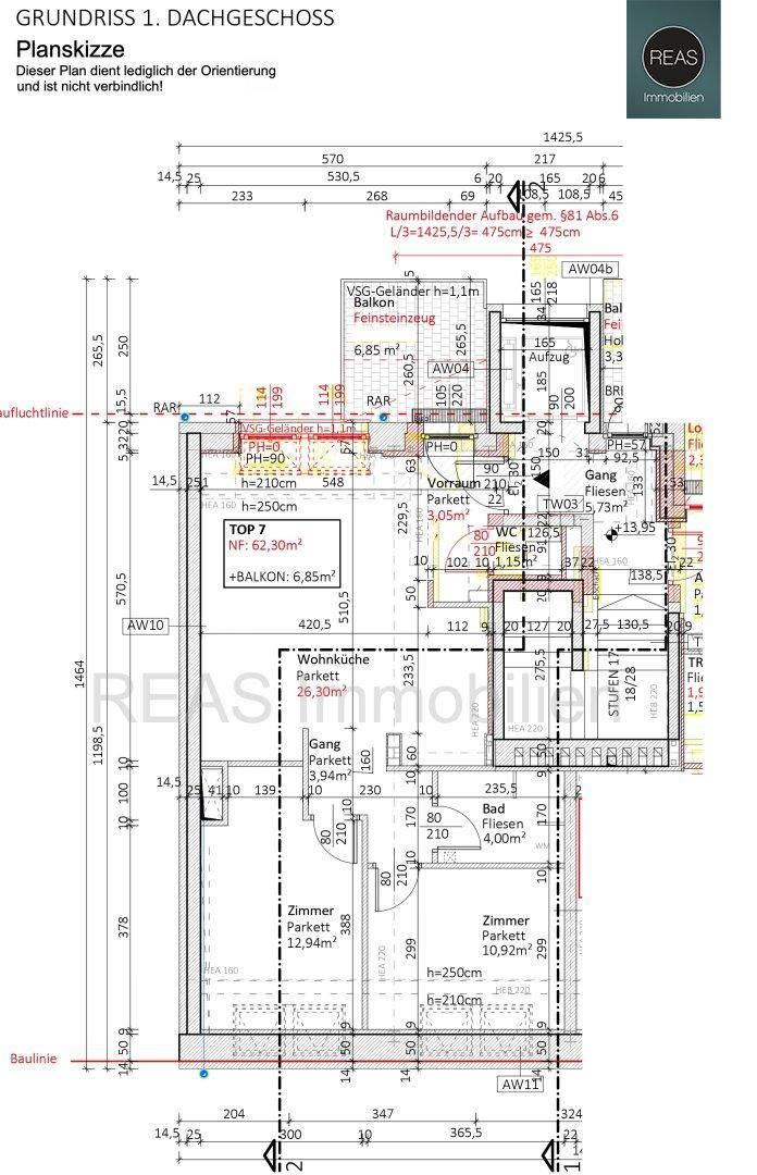 Grundriss des ersten Dachgeschosses mit Wohnküche, zwei Zimmern und Balkon.