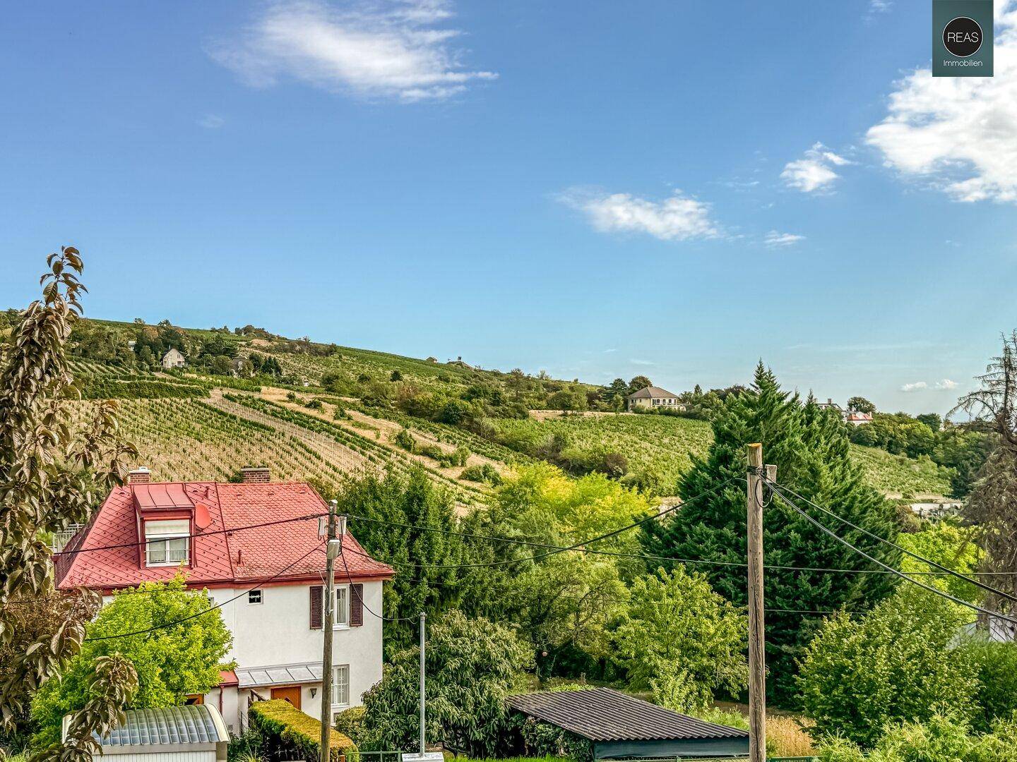 Malerischer Ausblick auf Weinberge und die umliegende grüne Hügellandschaft unter blauem Himmel.