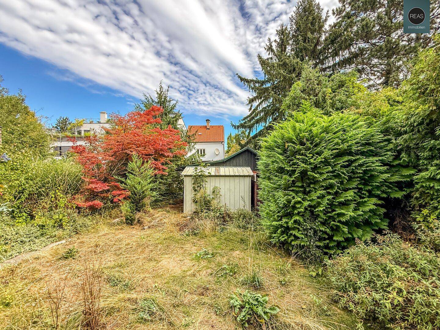Großer Gartenbereich mit Rasenfläche und einem kleinen Schuppen im Hintergrund.