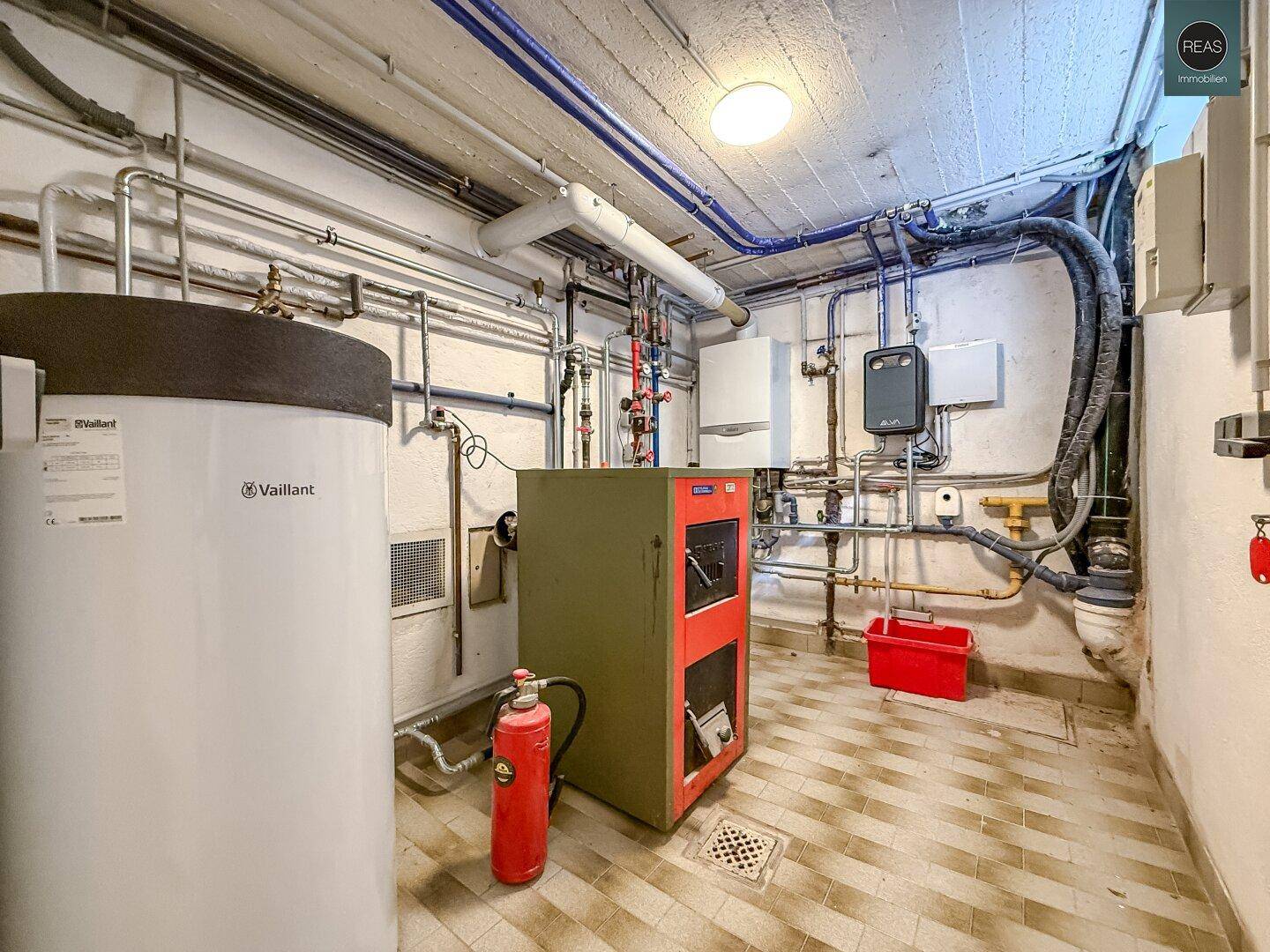 Heizungsraum im Keller mit Warmwasserspeicher, Heizkessel und sichtbaren Rohren.