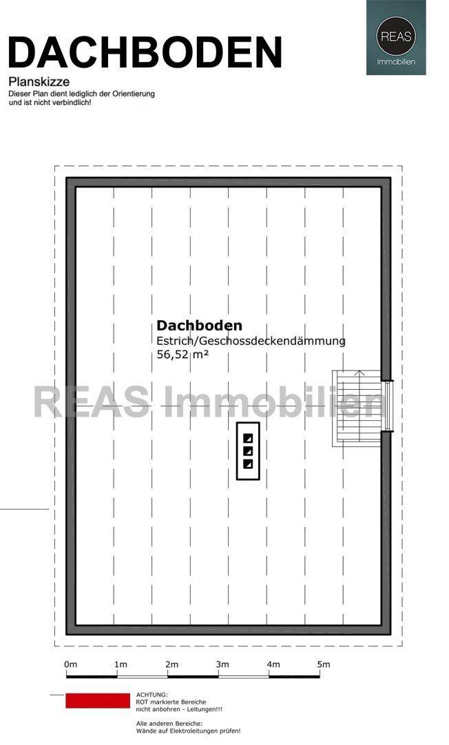 Grundriss des Dachbodens mit Estrich und Geschossdeckendämmung, bietet Ausbaupotenzial.