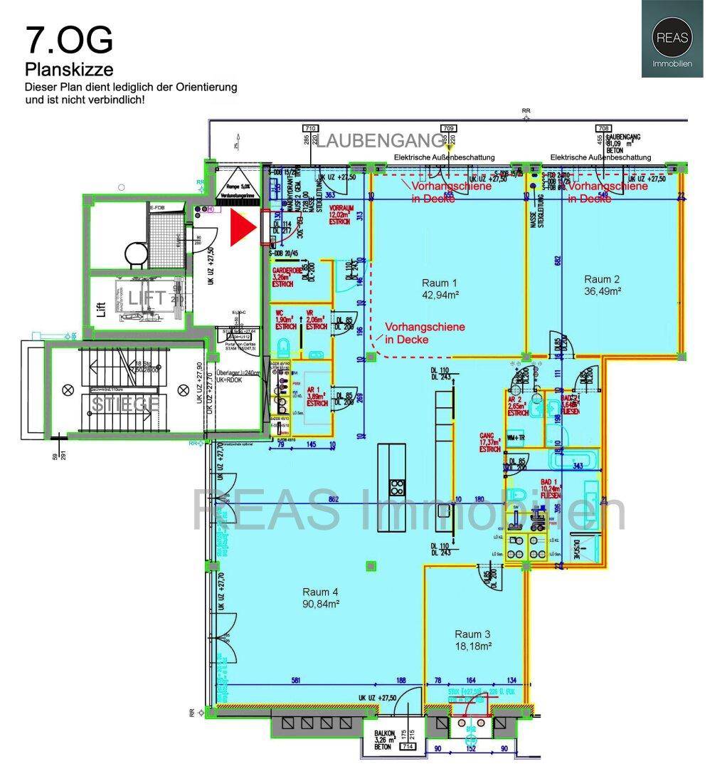 Grundriss einer Wohnung im 7. Obergeschoss mit Laubengang und mehreren Räumen.