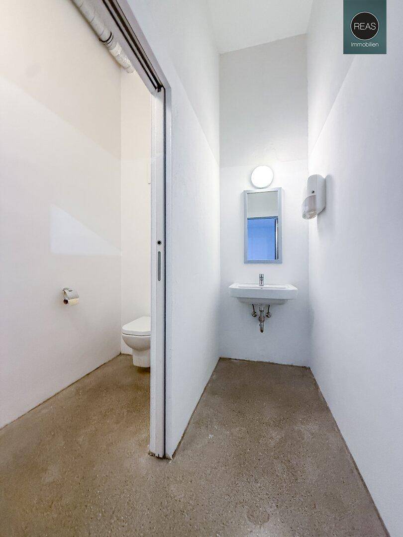 Schmaler Toilettenraum mit Waschbecken, Spiegel und Seifenspender, durch eine Schiebetür abgetrennt.
