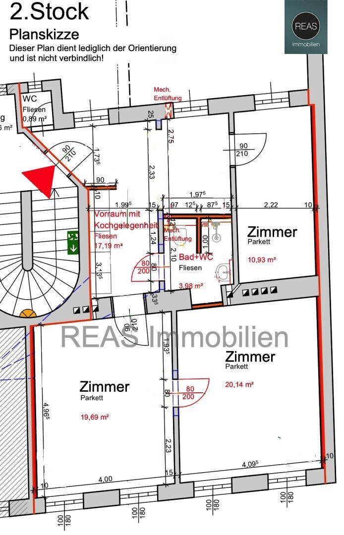 Grundriss des 2. Stocks mit Zimmern, Bad und WC, inklusive Flächenangaben und Parkettböden.