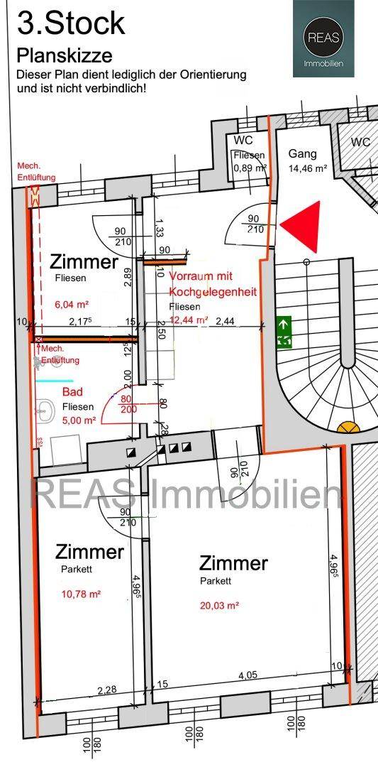 Grundriss des dritten Stocks mit mehreren Zimmern, Bad, WC und Vorraum mit Kochgelegenheit.