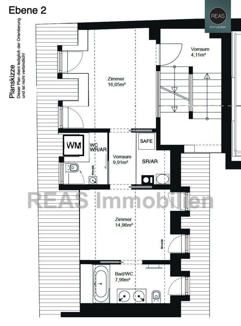 Grundriss der zweiten Ebene mit zwei Zimmern, Bad/WC und separatem WC-Bereich sowie Treppen.