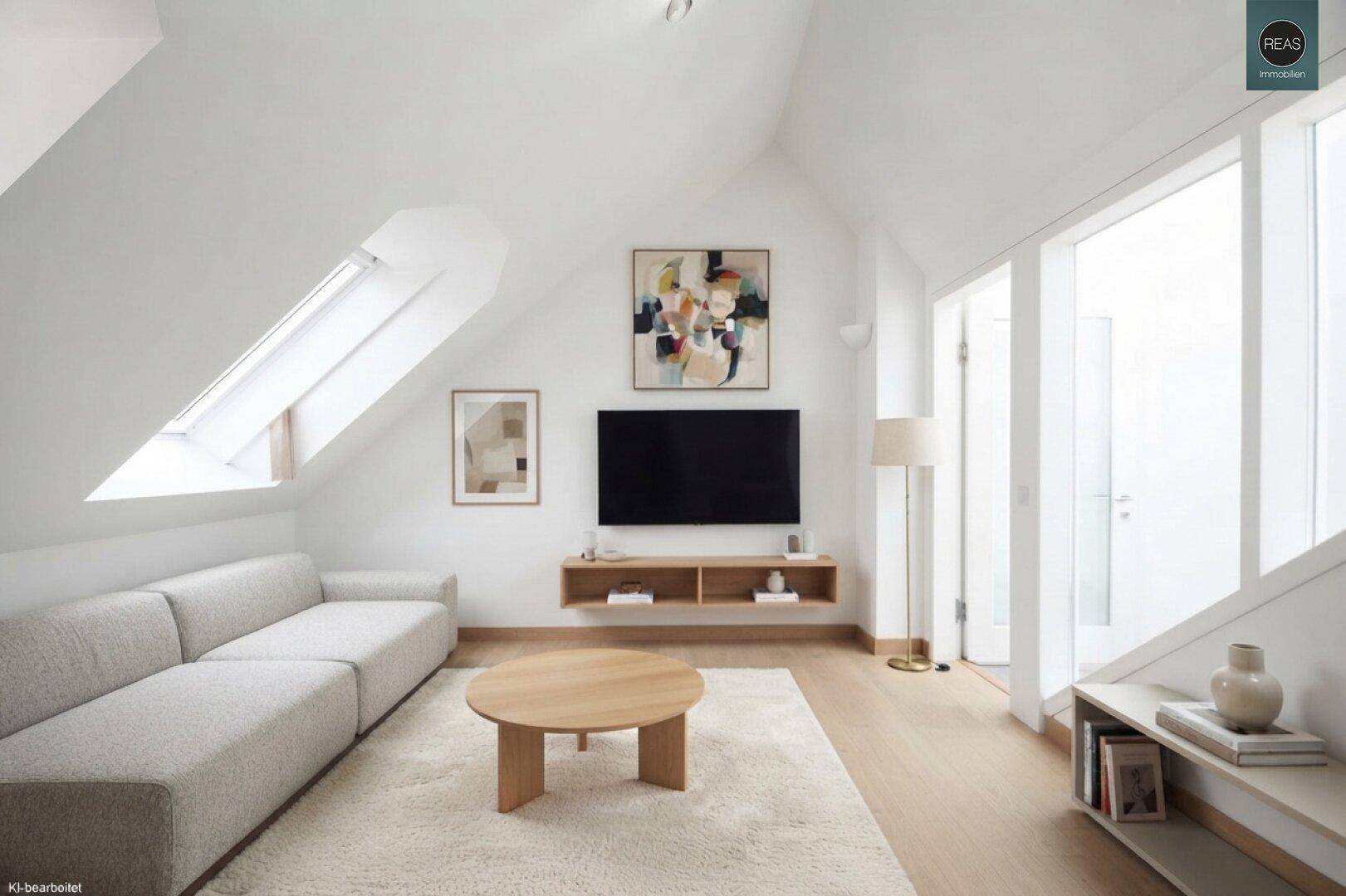 Gemütliches Wohnzimmer im Dachgeschoss mit Dachfenster, moderner Couch und Fernseher.