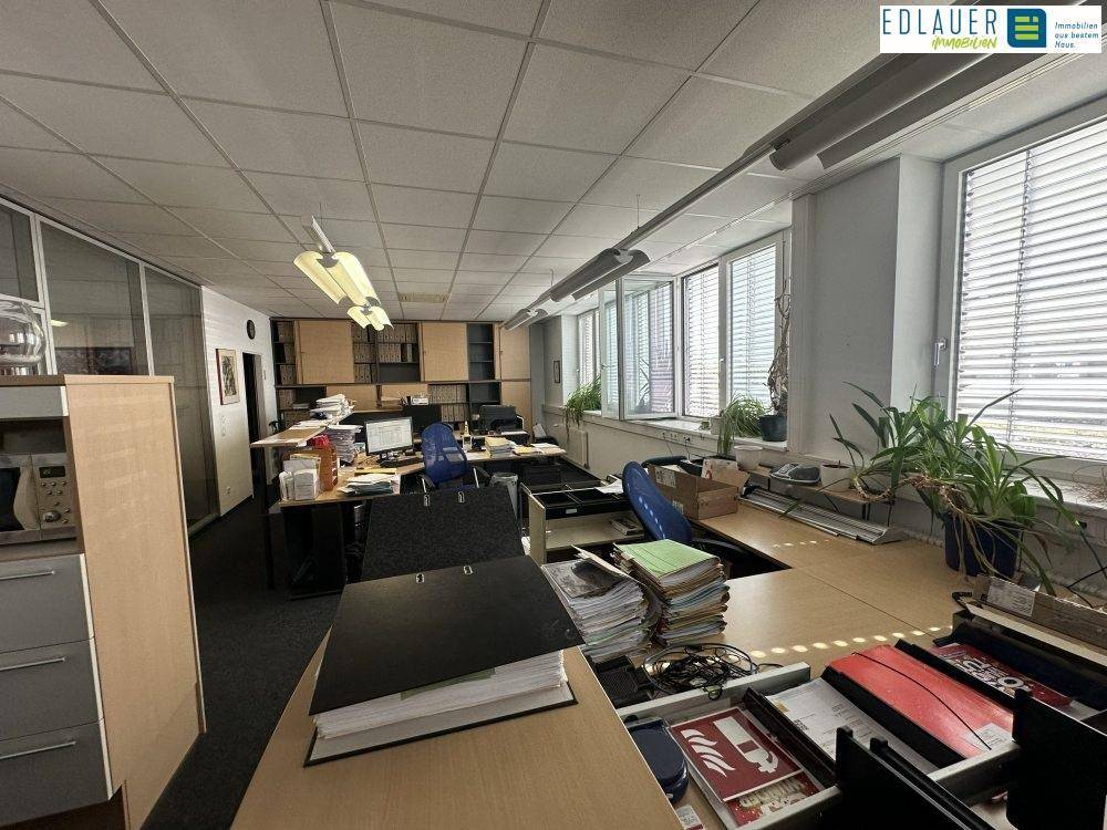 Großraumbüro mit mehreren Arbeitsplätzen, Aktenregalen und einer Fensterfront mit Jalousien.