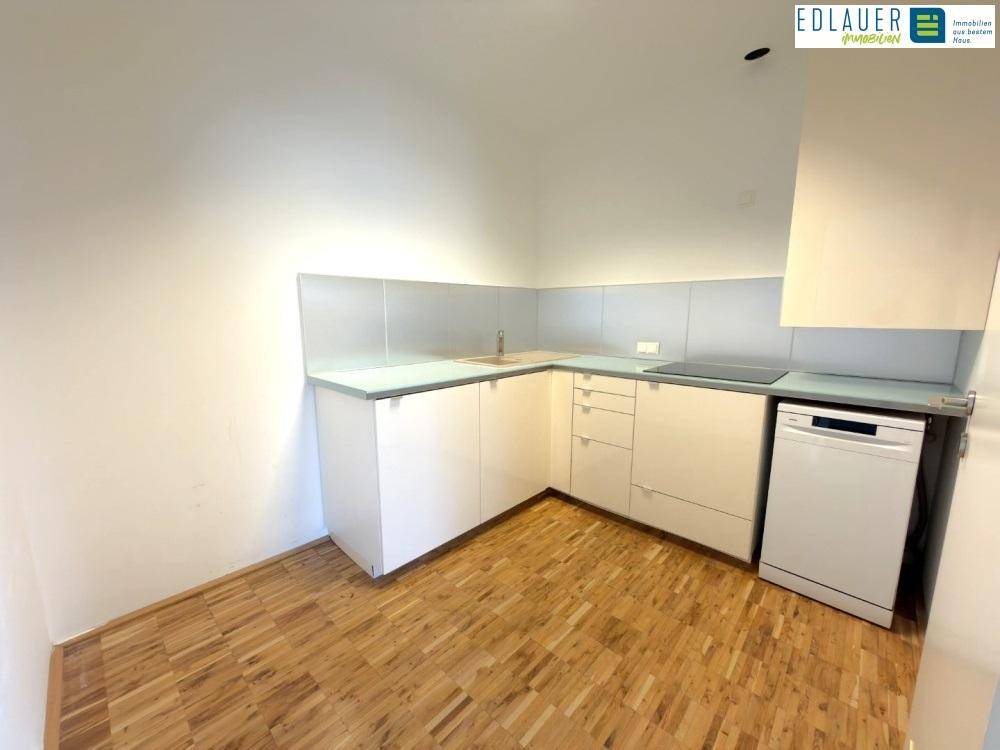 Kleine Einbauküche mit weißen Unterschränken, Spülmaschine und Induktionskochfeld in einem hellen Raum.