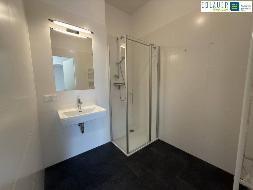 Helles Badezimmer mit Einzelwaschbecken, moderner Duschkabine und dunklen Bodenfliesen.