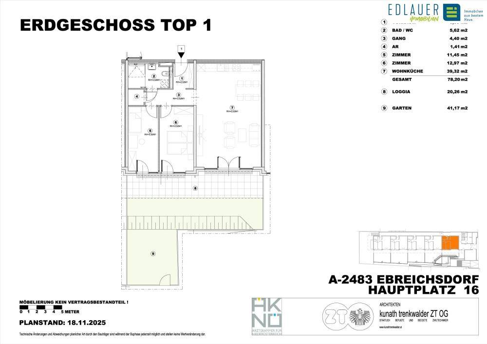 Grundriss Erdgeschoss Top 1 mit Wohnküche, Zimmern, Loggia und Garten.