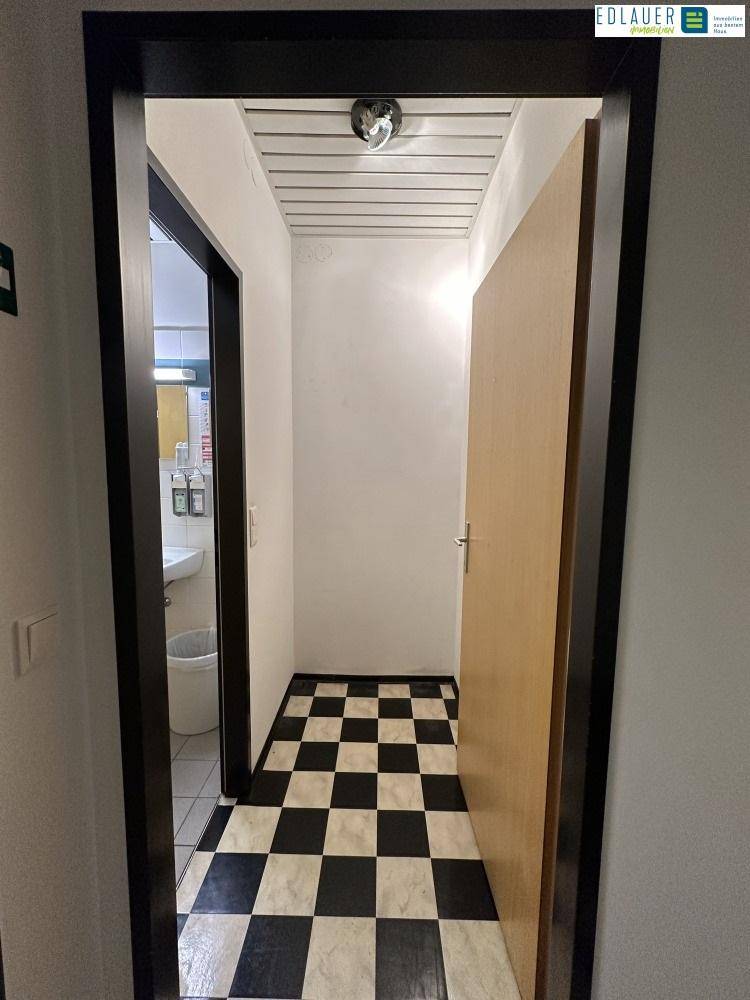 Kleiner Eingangsbereich mit schwarz-weißem Fliesenboden und Holztür, führt zu weiteren Räumen.