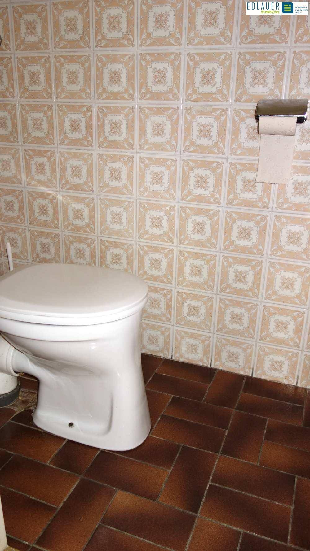 Toilette mit braunen Bodenfliesen und gemusterten Wandfliesen in warmen Farbtönen.