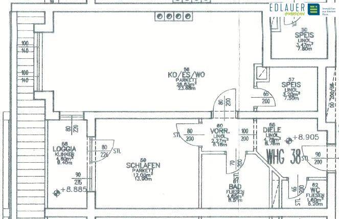 Grundriss der Wohnung mit Aufteilung in Wohn-, Schlaf- und Nassbereiche.