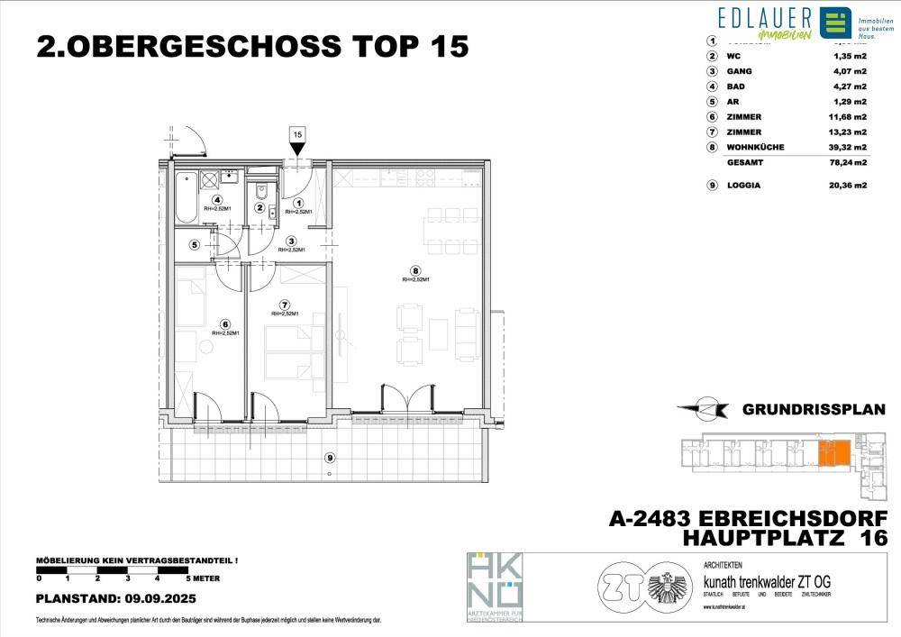 Grundrissplan des 2. Obergeschosses Top 15 mit Loggia und offener Wohnküche.