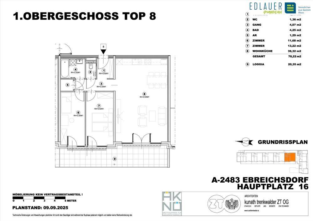 Grundriss des 1. Obergeschosses Top 8 mit Loggia und mehreren Zimmern.