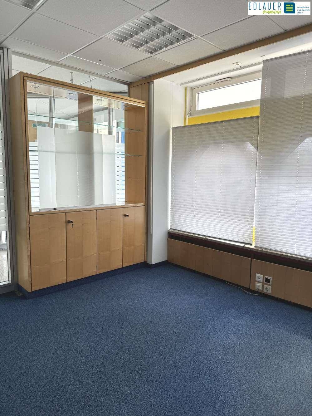 Büroraum mit blauem Teppichboden, einem großen Holzschrank und Fensterjalousien für Privatsphäre.