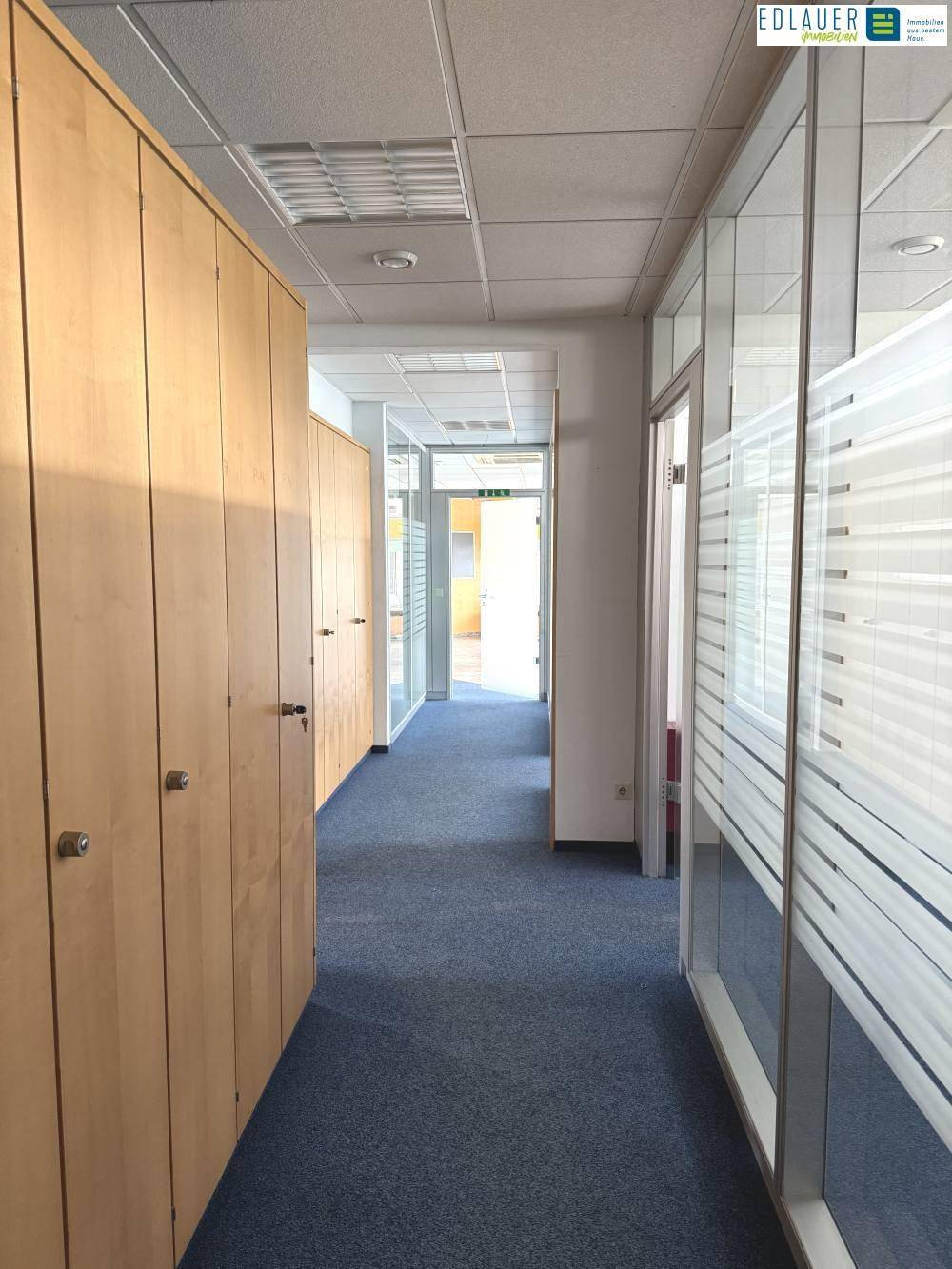 Flur mit blauem Teppichboden und Einbauschränken entlang der Wand, der zu weiteren Räumen führt.
