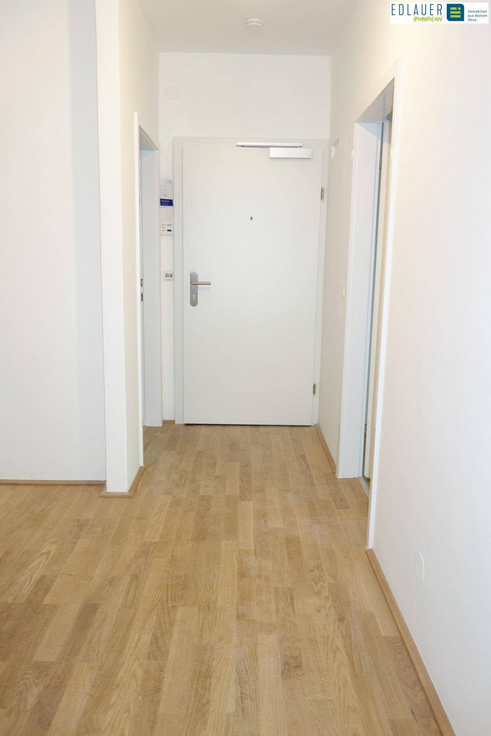Eingangsbereich mit Parkettboden und weißer Wohnungstür, die in den Flur führt.