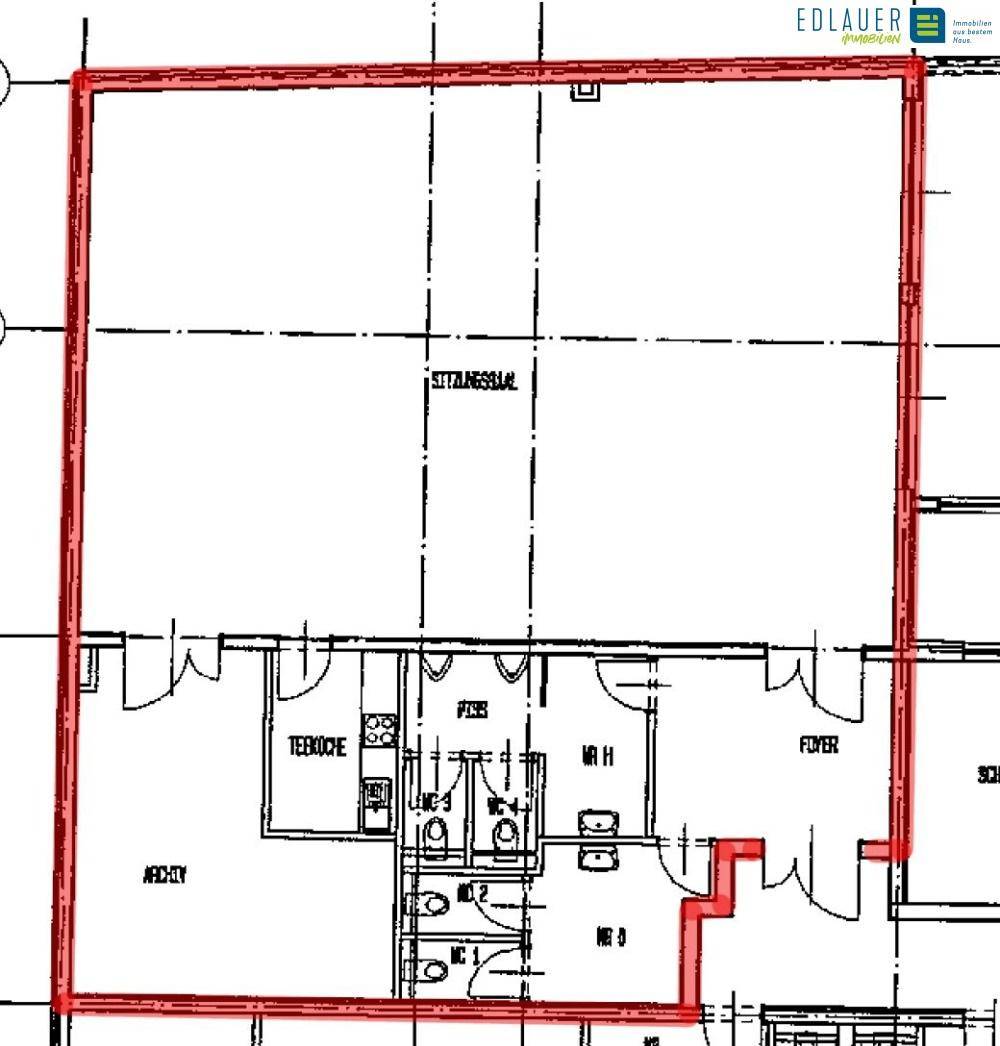 Grundrissplan mit rot markiertem Bereich, der verschiedene Räume wie Archiv, Terrasse und Toiletten zeigt.