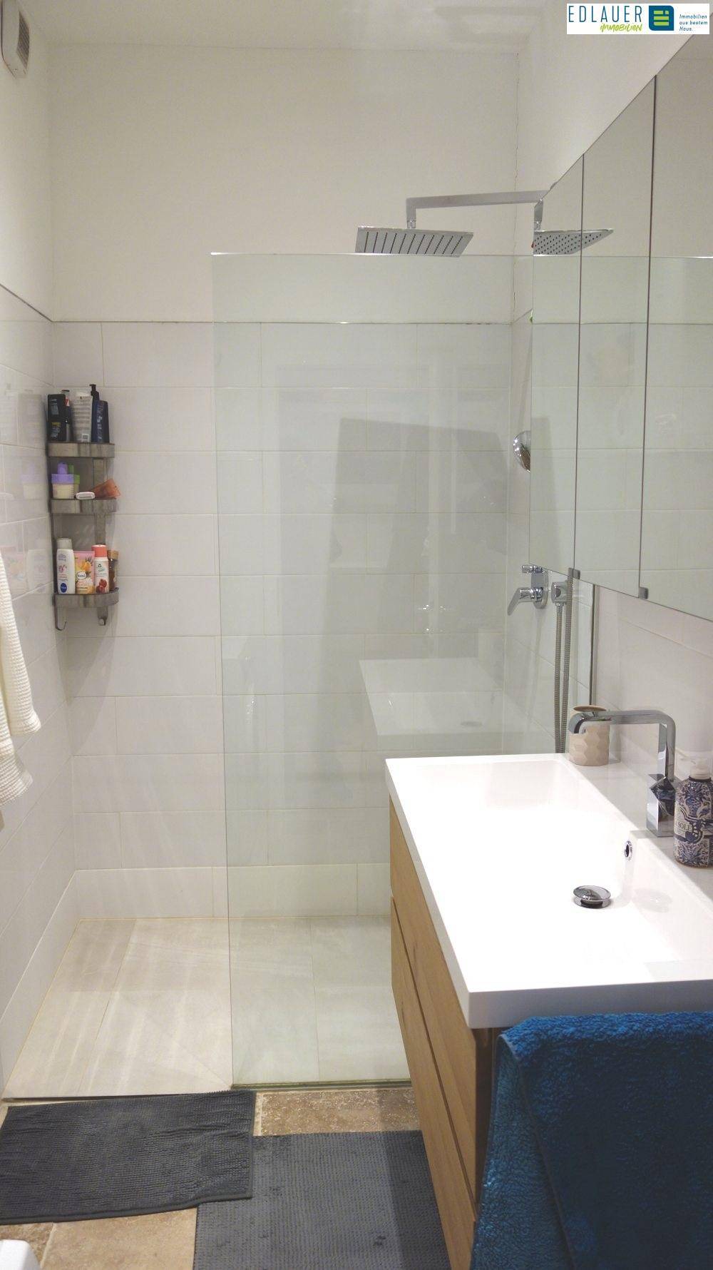 Modernes Badezimmer mit begehbarer Dusche, Glasabtrennung und Einzelwaschbecken.