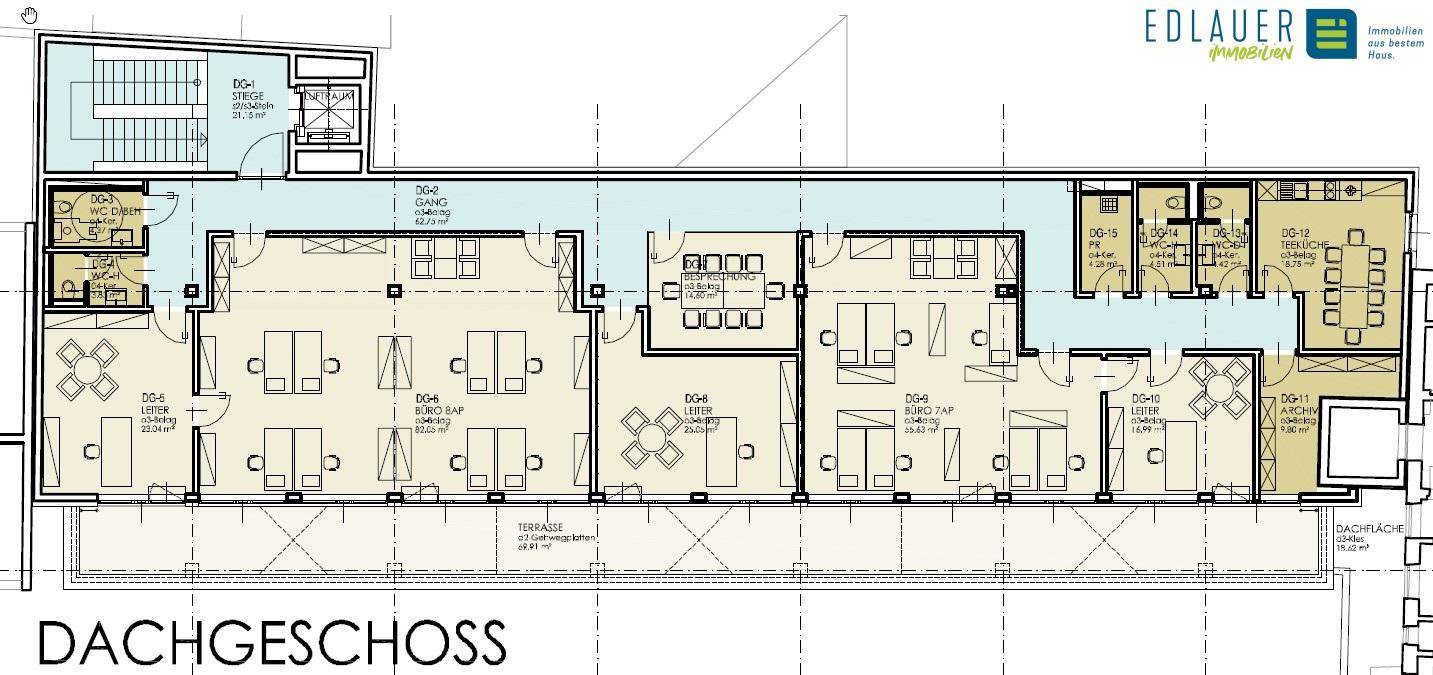 Grundriss des Dachgeschosses mit mehreren Büroeinheiten, Treppenhaus und Sanitäranlagen.