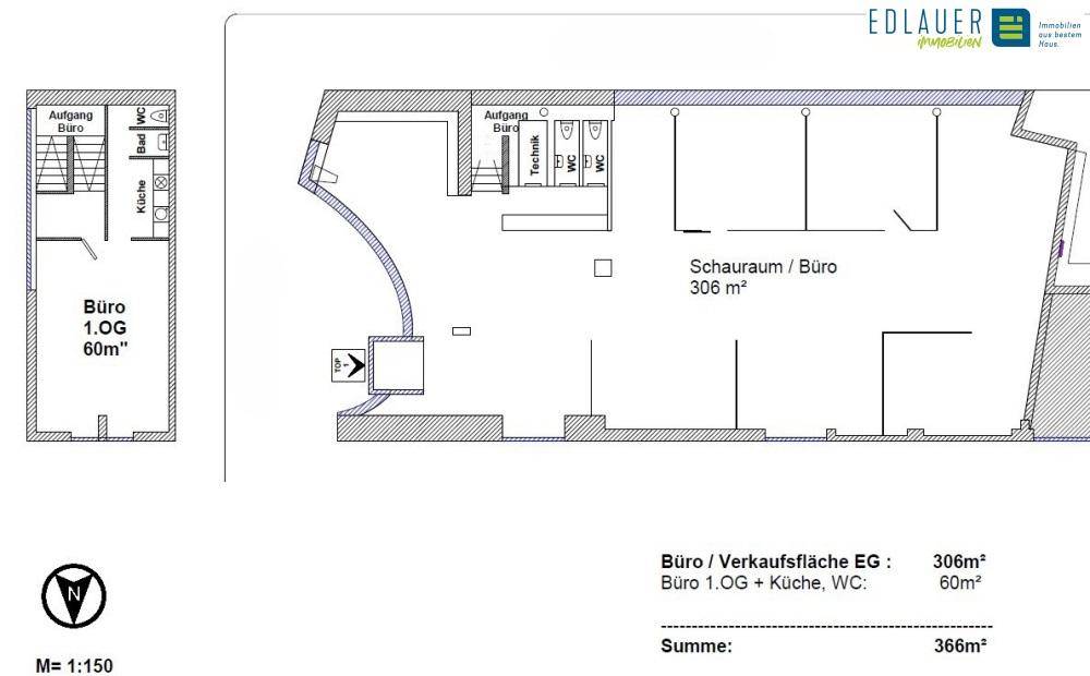Grundriss des Büros im Erdgeschoss mit 306 m² und einem zusätzlichen 60 m² Büro im Obergeschoss.