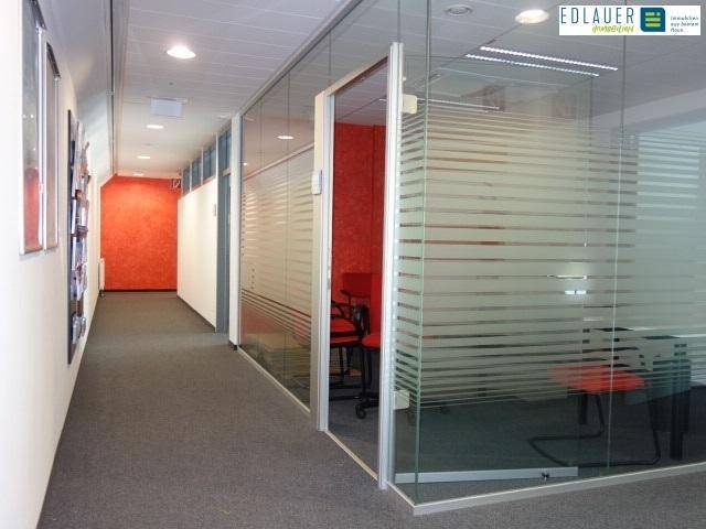 Moderner Flur mit Glaswänden zu Büros und einer auffälligen roten Akzentwand, ausgestattet mit Teppichboden.