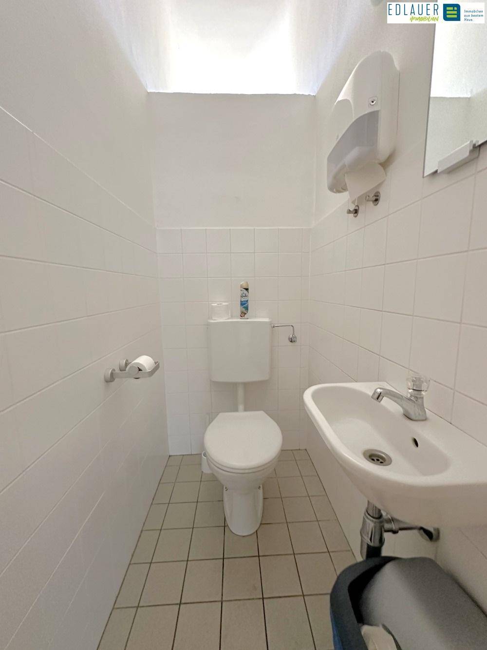 Kleines, gefliestes Gäste-WC mit Toilette und Handwaschbecken, ausgestattet mit einem Spender für Hygieneartikel.