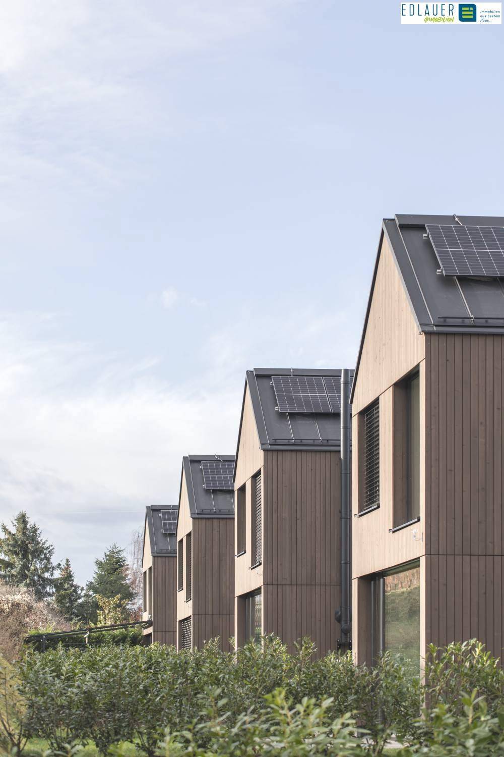 Reihenhäuser mit Solarmodulen auf den Dächern, umgeben von Bäumen unter einem hellen Himmel.