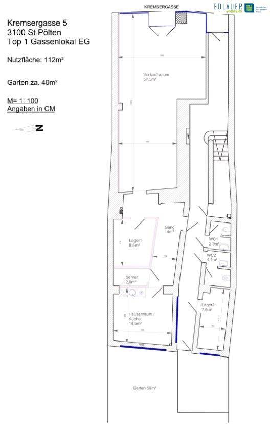 Grundriss des Gewerbelokals mit Verkaufsraum, Lagerflächen, Serverraum, Pausenraum und WCs.