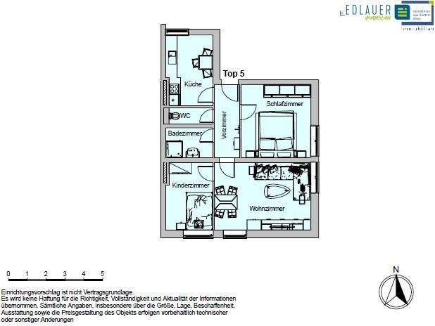 Grundriss der Wohnung Top 5 mit Küche, Bad, WC, Schlafzimmer, Kinderzimmer und Wohnzimmer.