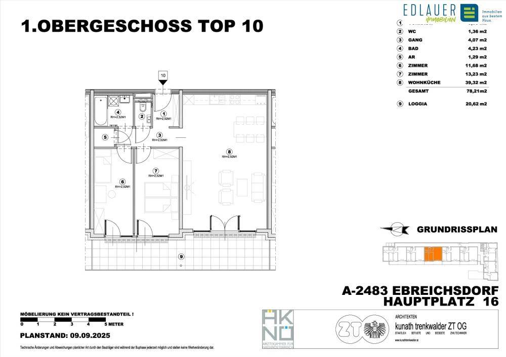 Grundrissplan des 1. Obergeschosses mit Loggia und offener Wohnküche.