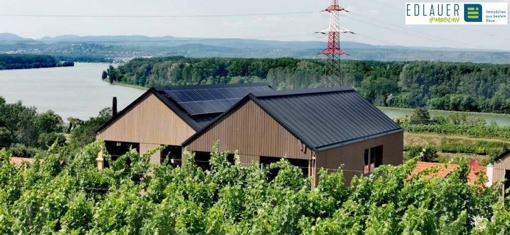 Haus mit Photovoltaikanlage auf dem Dach, umgeben von Weinreben und Blick auf einen See.