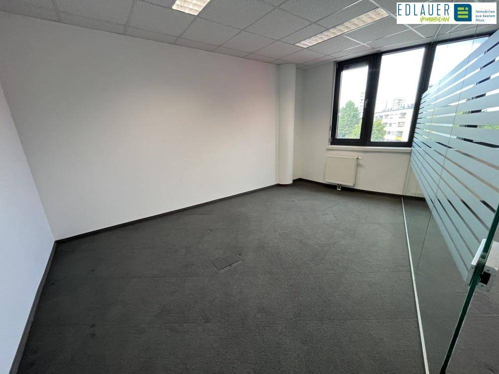 Heller Büroraum mit großen Fenstern, Teppichboden und einer Glastrennwand, ideal für produktives Arbeiten.