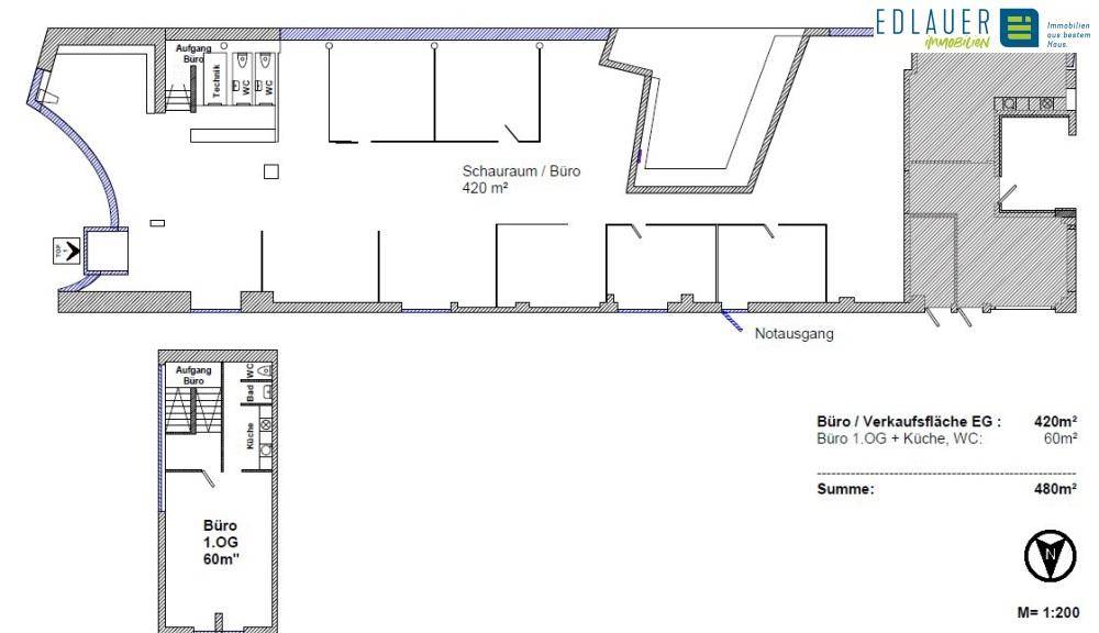 Grundrissplan des Erdgeschosses und des ersten Obergeschosses mit Flächenangaben und Aufteilung.