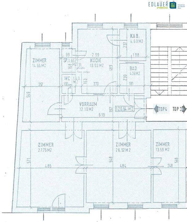 Detaillierter Grundriss einer Wohnung mit mehreren Zimmern, Küche, Bad und WC, inklusive Flächenangaben.